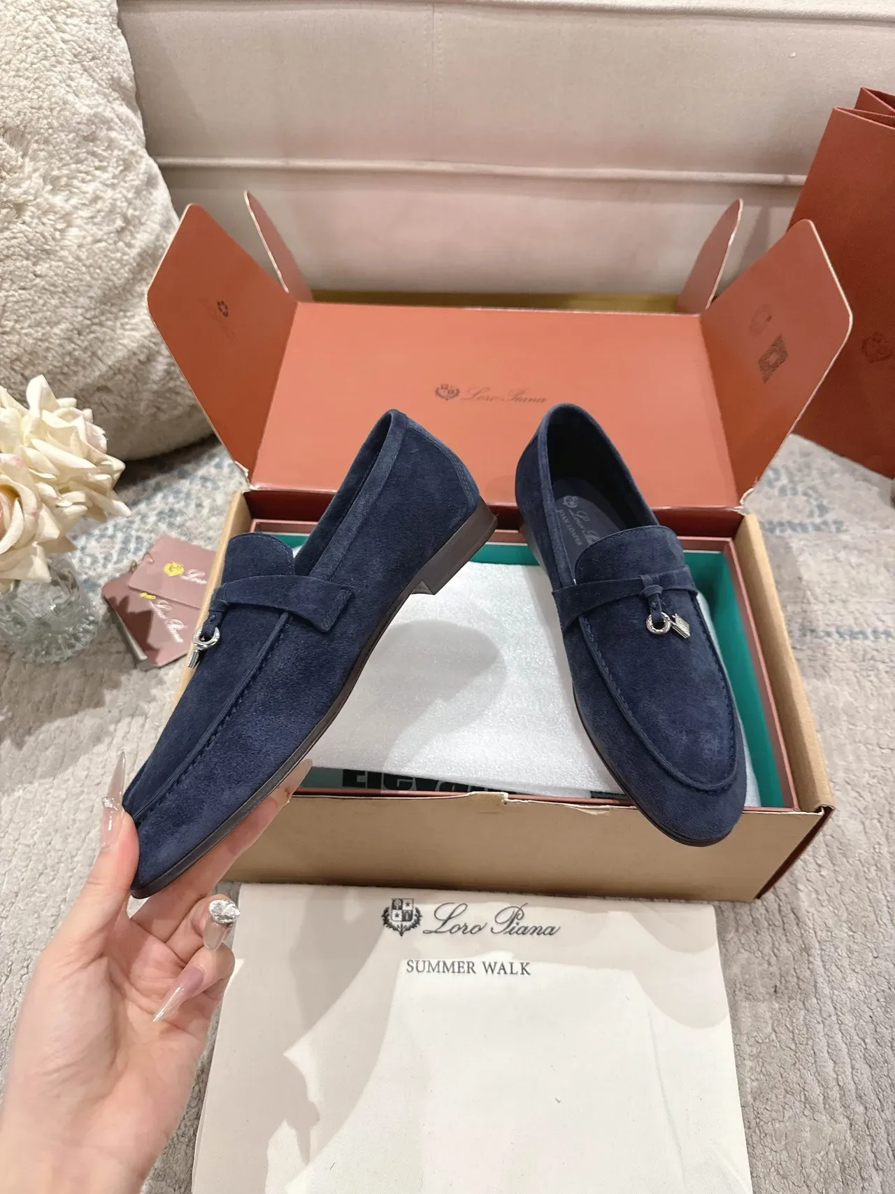 Loro Piana নেভি সিলভার সুয়েড মেটাল টাসেল হার্ডওয়্যার লোফার 6