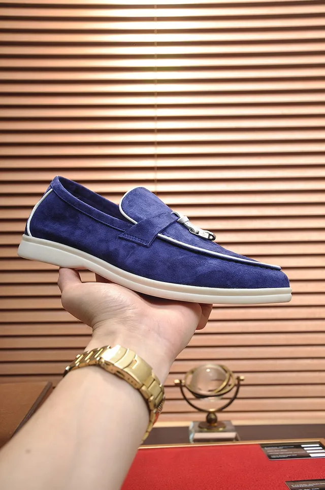 Loro Piana Navy White Suede Piping Loafer 7