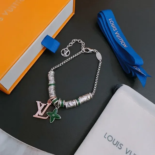 Louis Vuitton Beads Silver Green Chain-Link Beaded Bracelet 8