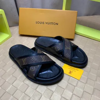 Louis Vuitton أسود وبني حزامات متقاطعة مونوجرام كانفاس شبشب