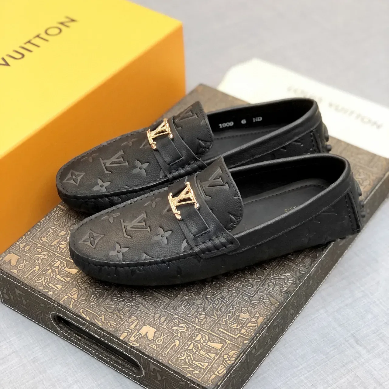Louis Vuitton Black Gold Monogram-Embossed Leather Buckle Strap Loafer 2