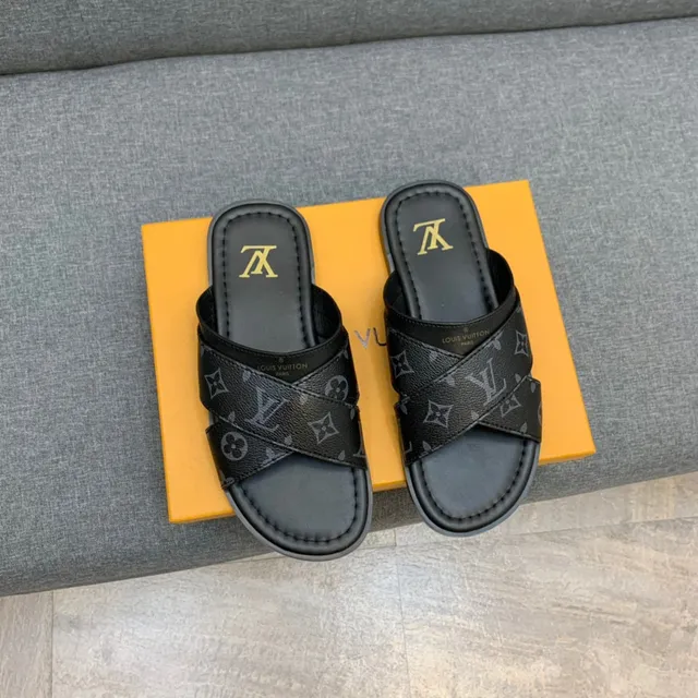 Louis Vuitton Black Gold Monogram-Printed Strap Logo Insole Slippers 6