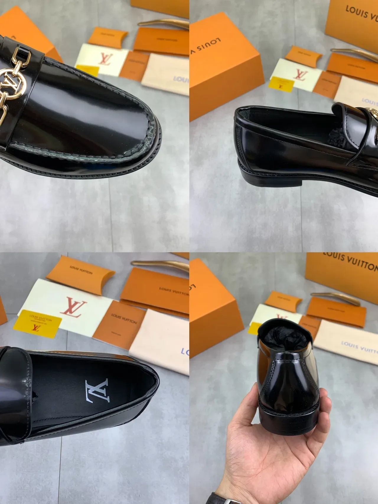 Louis Vuitton Negro con Hebilla de Metal LV Dorada Cuero Patentado Loafer 2