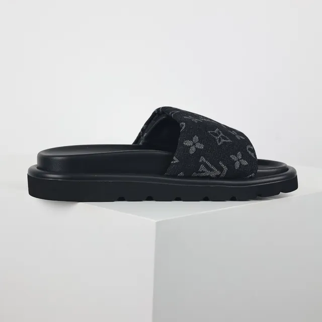 Louis Vuitton Preto Cinza Monogrammed Tecido Alça Sola Plataforma Grossa Sandálias 7