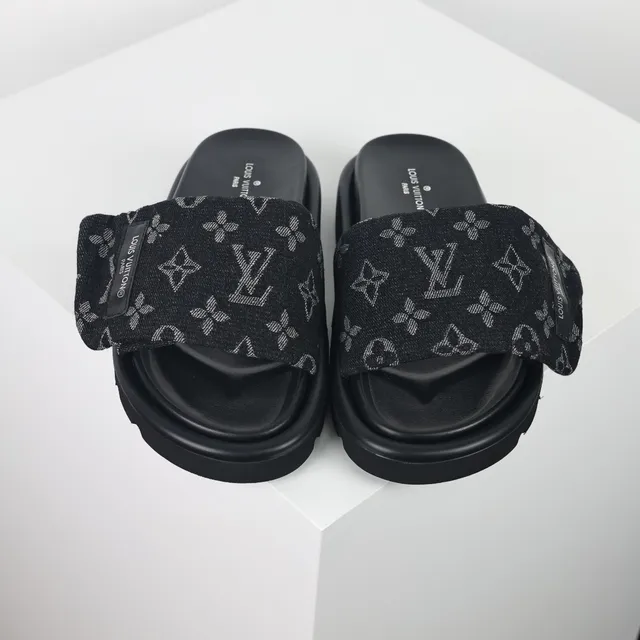 Louis Vuitton Preto Cinza Monogrammed Tecido Alça Sola Plataforma Grossa Sandálias 8