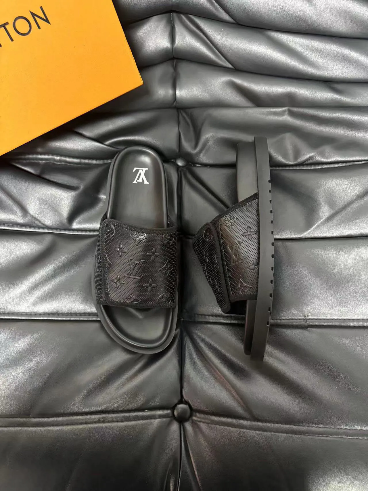 Louis Vuitton Black Monogram-Perforated Strap Platform Sole Slippers 3