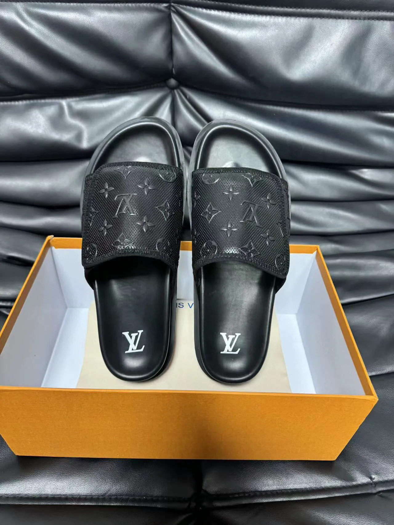 Louis Vuitton Black Monogram-Perforated Strap Platform Sole Slippers 5