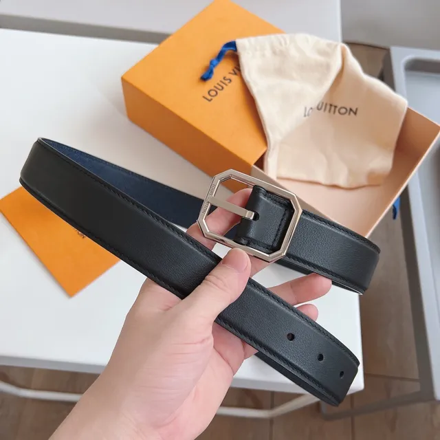 Louis Vuitton Black Navy Octagonal Silver Buckle Smooth Leather Belt 4