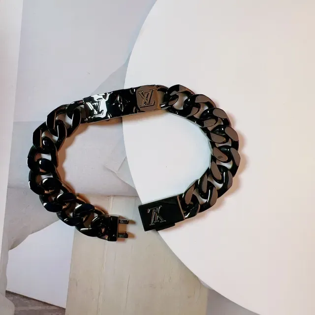 Louis Vuitton Black Silver Chunky Curb-Link Metal Bracelet 2