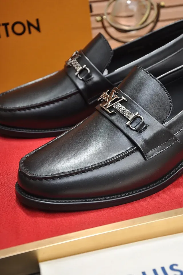 Louis Vuitton Black Silver Leather Metal LV Buckle Strap Loafer 3
