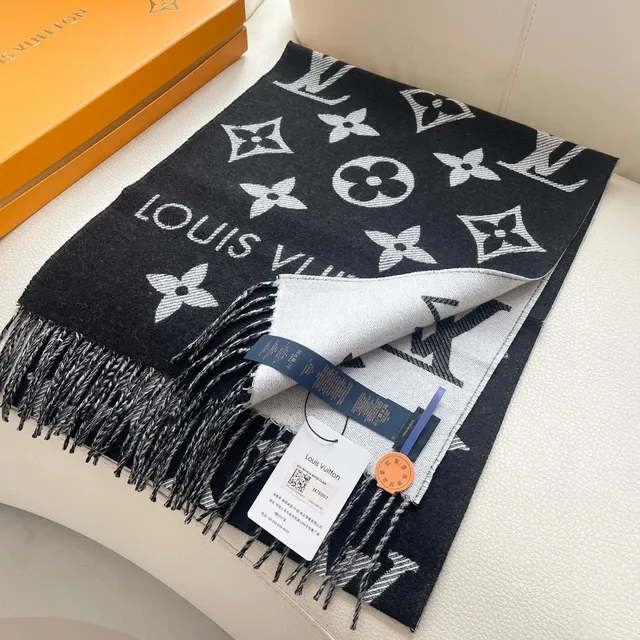 Louis Vuitton Cachecol de seda preto e branco estampado Monogram-Print com franjas 8
