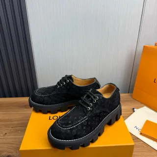 Louis Vuitton Black White Monogrammed Suede Chunky Lug Sole Leather Shoes