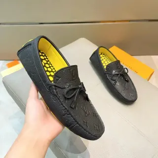 Louis Vuitton 黑色黄色 压花 粒面皮革 系带蝴蝶结 乐福鞋