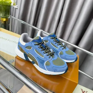 Louis Vuitton Blue Army Green Layered Suede And Mesh Upper Sculpted White Midsole Chunky Sneakers