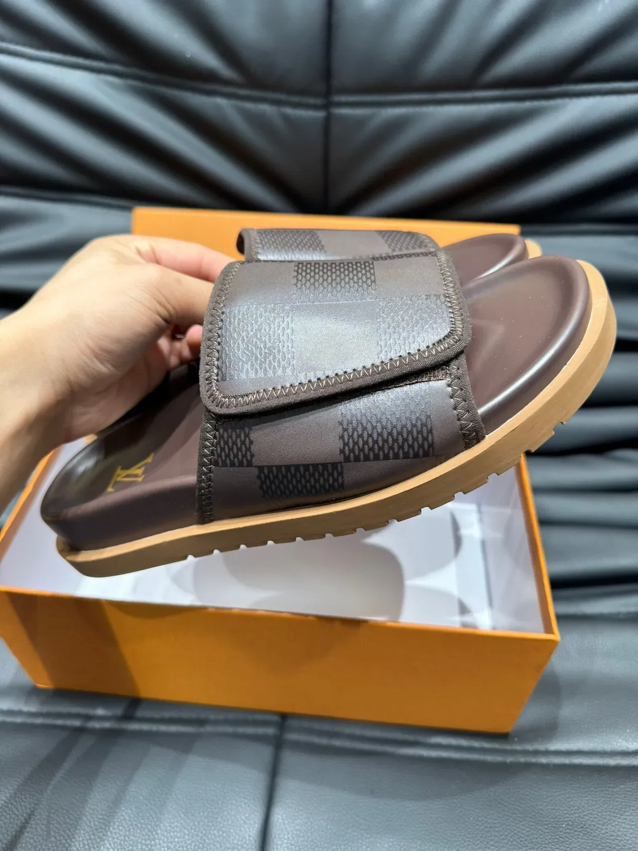 Louis Vuitton Brown Beige Damier Check Pattern Stitched Strap Edge Slippers 6