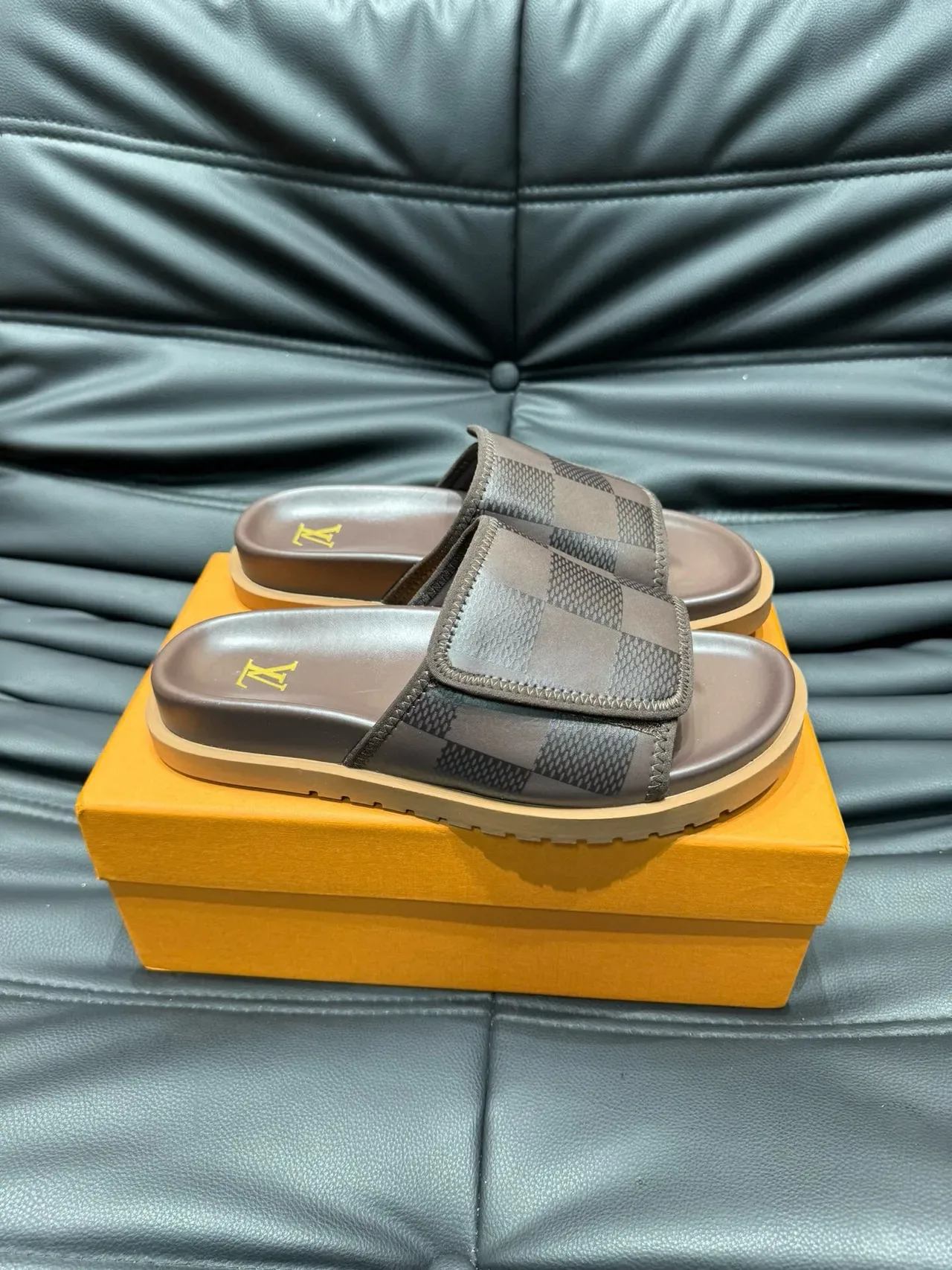Louis Vuitton Brown Beige Damier Check Pattern Stitched Strap Edge Slippers 9