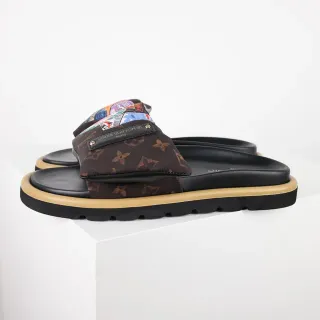 Louis Vuitton Marrón Beige Monograma Lona Correa Tela Superior Acolchada Zapatillas