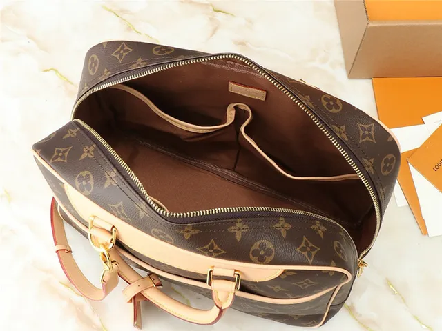 Louis Vuitton Brown Beige Monogram Canvas Tan Leather Trim Boston Bag 2