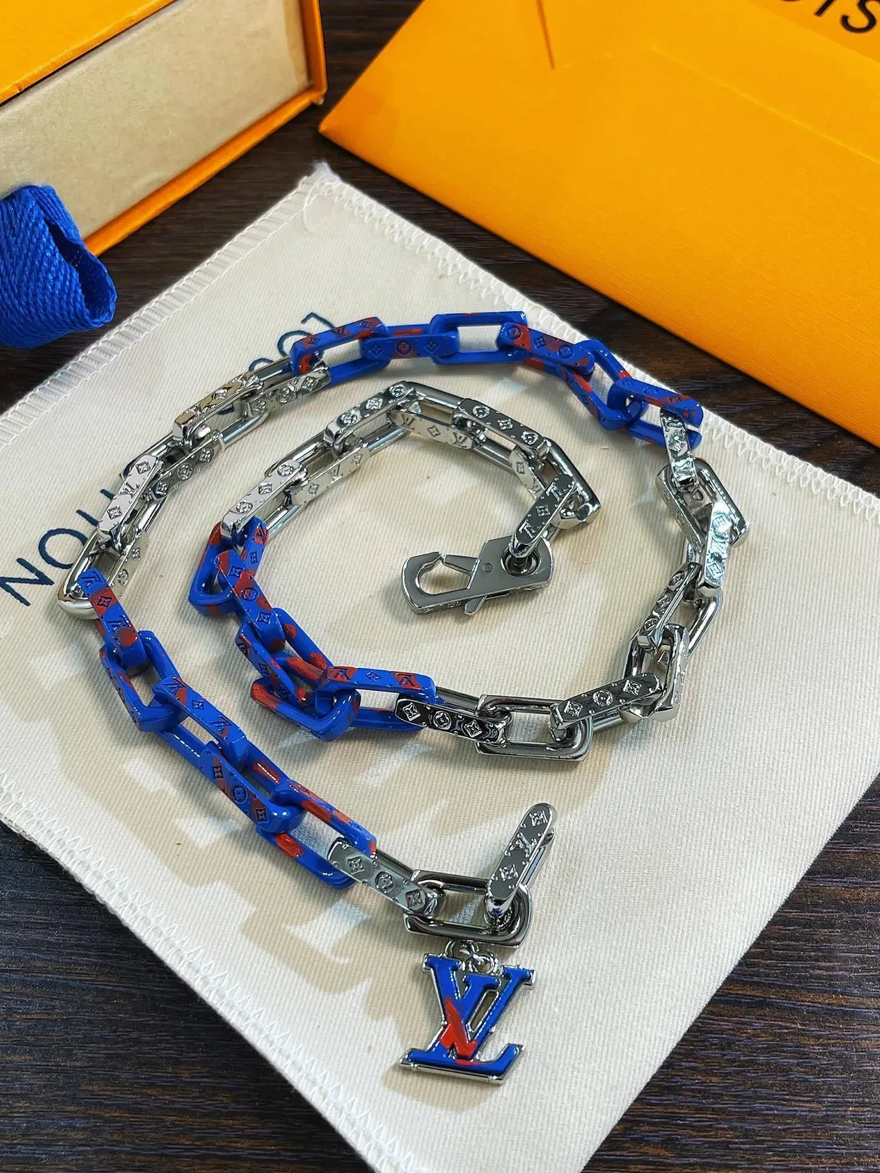 Louis Vuitton Chain Bracelet Blue Enamel Monogram Link Bracelet 6