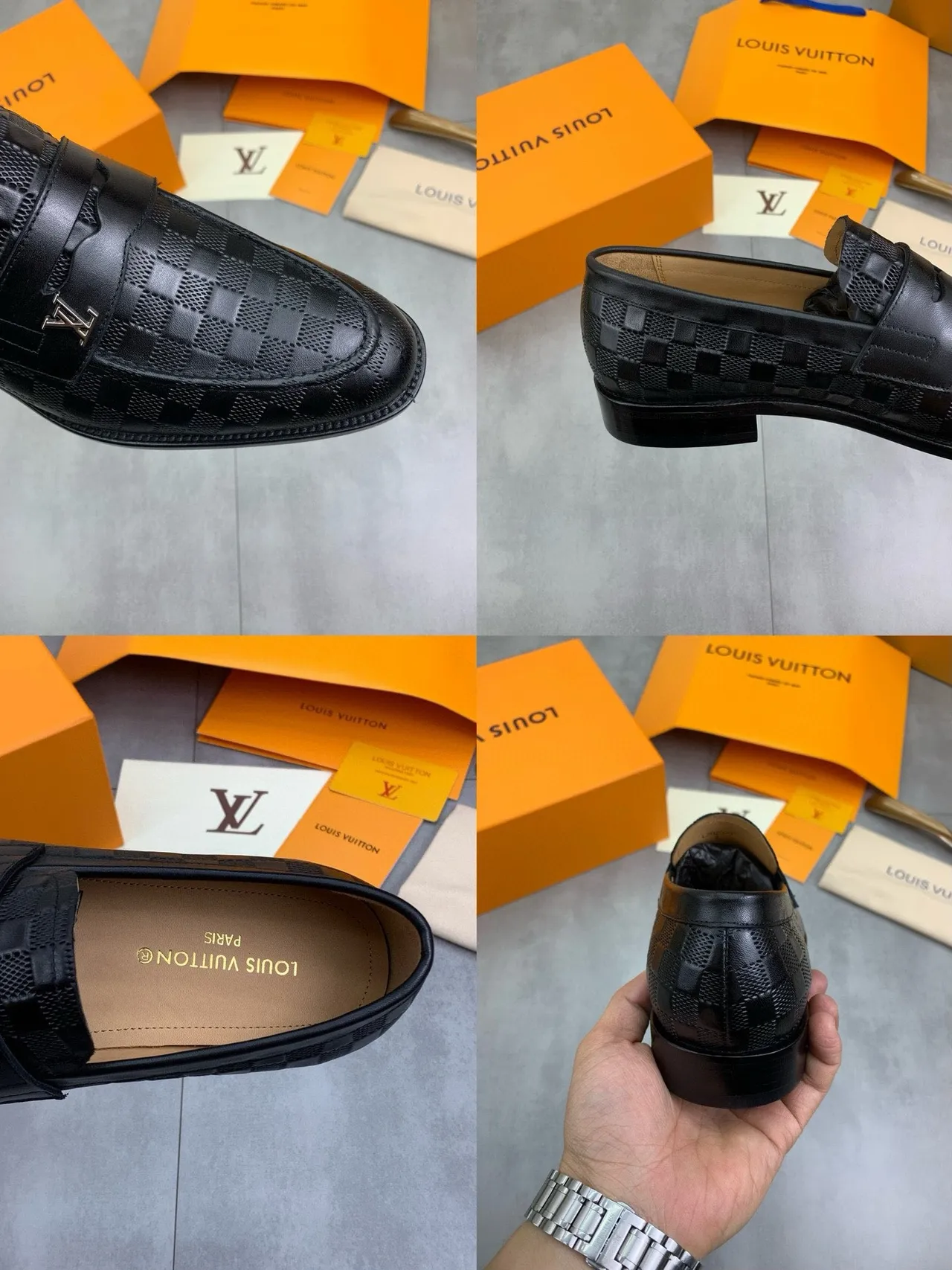 Louis Vuitton Damier Graphite أسود بيج جلد مثقب مكعبات الشطرنج معدني LV مشبك حزام لوفير 3