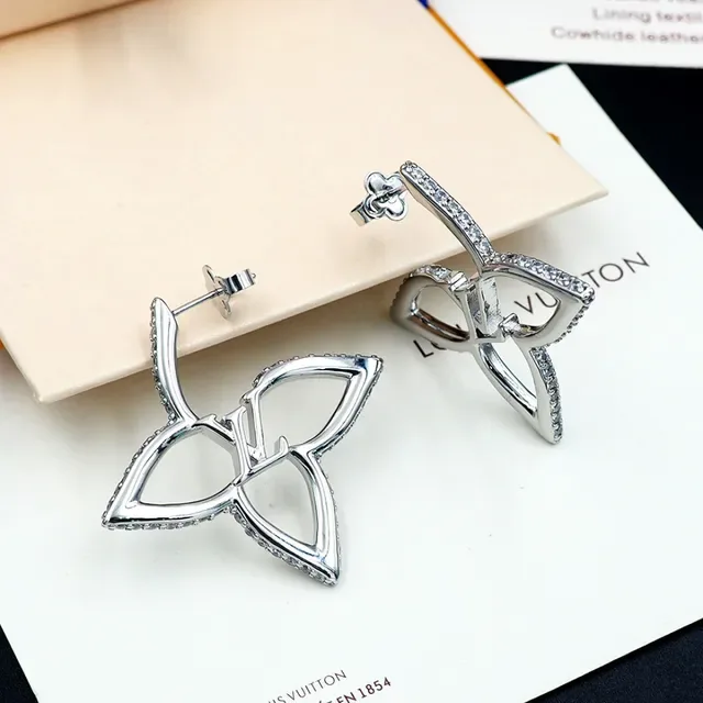 Louis Vuitton Flower Silver Gold Openwork Leaf Silhouette Pavé-Set Edges Earrings 4