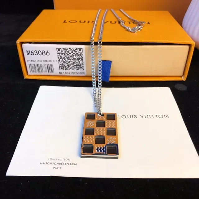 Louis Vuitton Gold Black Rectangular Pendant Grid-Patterned Surface Necklace 8