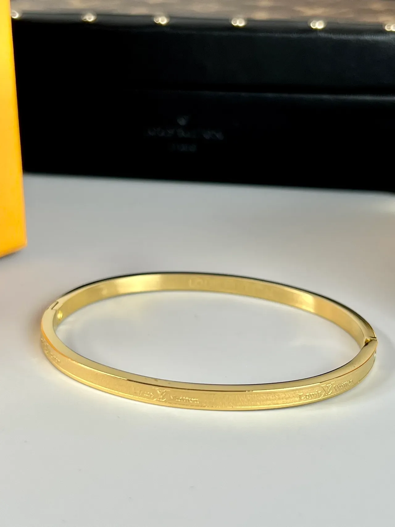 Louis Vuitton Gold Silver Minimalist Engraved Logo Bracelet 5