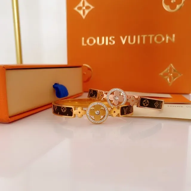 Louis Vuitton Gold-Tone Monogram Canvas Diamond Clasp Bangle Bracelet 4