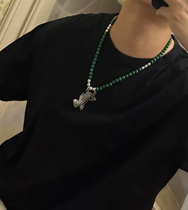 Louis Vuitton Green Silver Beaded Malachite-Style Necklace 4