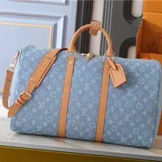 Louis Vuitton Keepall Bandoulière Light Blue Denim Monogram Duffle Bag