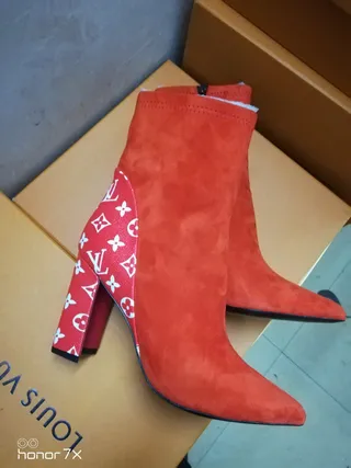 Louis Vuitton Le Cagole Red White Suede Upper Monogrammed Leather Panels Ankle Boots 2