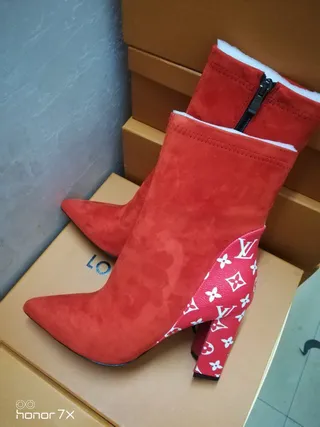 Louis Vuitton Le Cagole Red White Suede Upper Monogrammed Leather Panels Ankle Boots 4