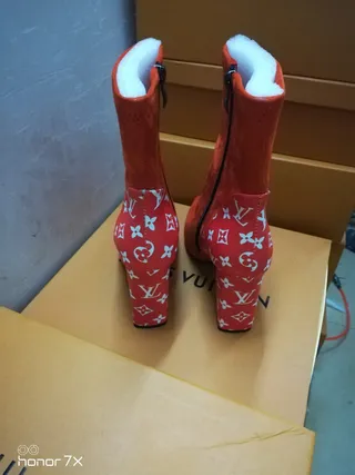 Louis Vuitton Le Cagole Red White Suede Upper Monogrammed Leather Panels Ankle Boots 5
