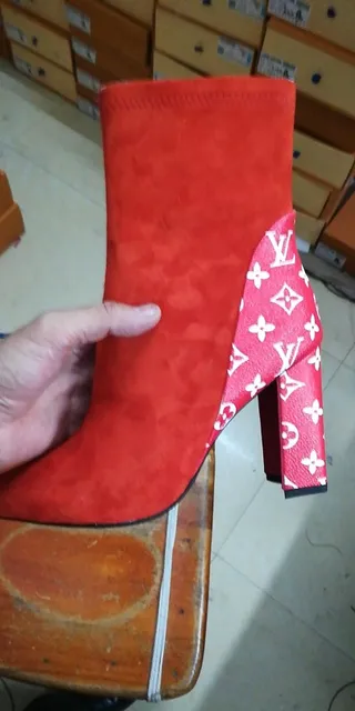 Louis Vuitton Le Cagole Red White Suede Upper Monogrammed Leather Panels Ankle Boots 6