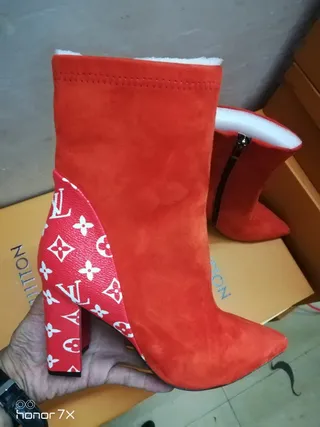 Louis Vuitton Le Cagole Red White Suede Upper Monogrammed Leather Panels Ankle Boots 7