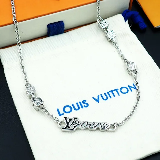 Louis Vuitton LOVERS Monogram Pendant Silver Chain Necklace 4