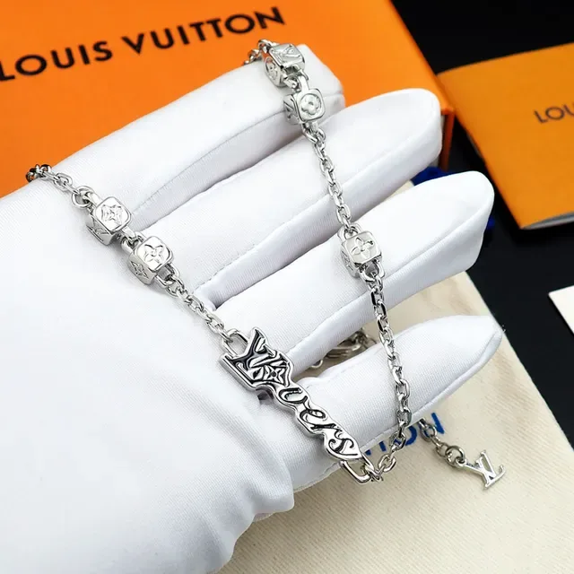 Louis Vuitton LOVERS Monogram Pendant Silver Chain Necklace 6