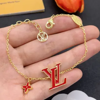Louis Vuitton LV चेन ब्रेसलेट सोने का लाल लिंक एनामेल लॉगो पेंडेंट ब्रेसलेट