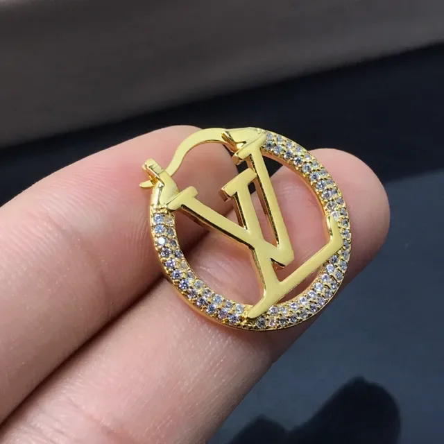 Louis Vuitton LV أقراط دائرية حلق ذهبي فضي بانية كريستال 2