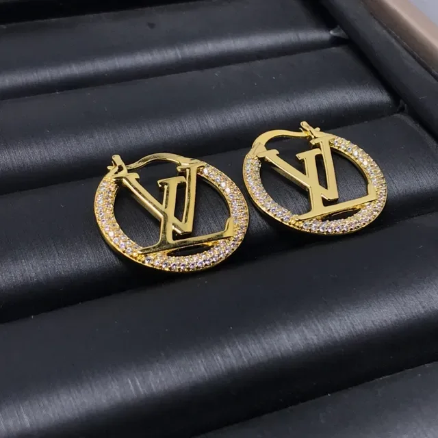 Louis Vuitton LV أقراط دائرية حلق ذهبي فضي بانية كريستال 3