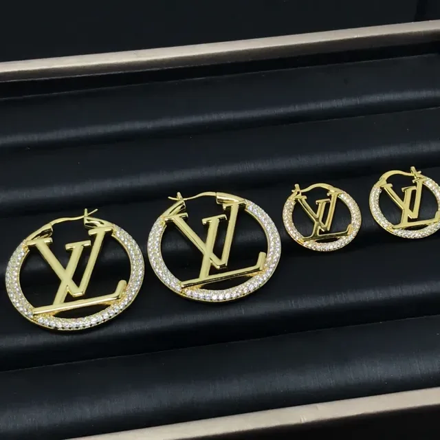 Louis Vuitton LV أقراط دائرية حلق ذهبي فضي بانية كريستال 4