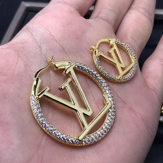 Louis Vuitton LV أقراط دائرية حلق ذهبي فضي بانية كريستال 5