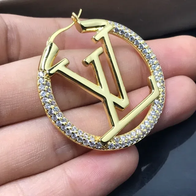 Louis Vuitton LV أقراط دائرية حلق ذهبي فضي بانية كريستال 6