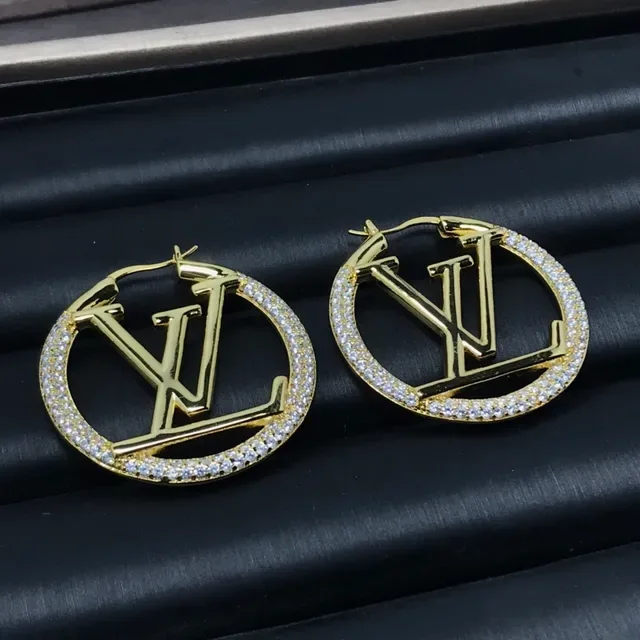Louis Vuitton LV أقراط دائرية حلق ذهبي فضي بانية كريستال 7
