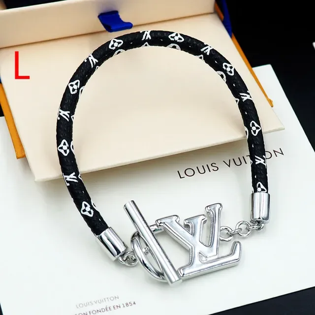 Bracelete Louis Vuitton LV Initiales Preto Prata Trançado Monogramado Cordão Fecho Logo 7