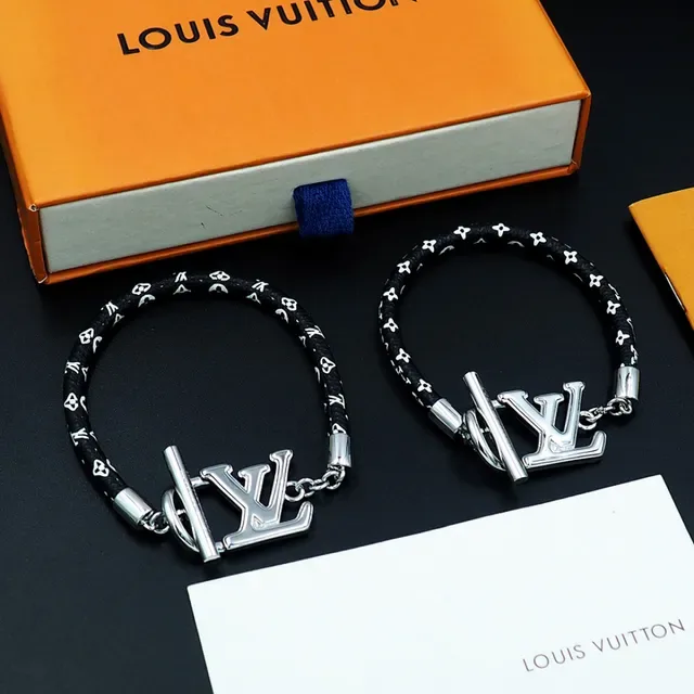 Bracelete Louis Vuitton LV Initiales Preto Prata Trançado Monogramado Cordão Fecho Logo 8
