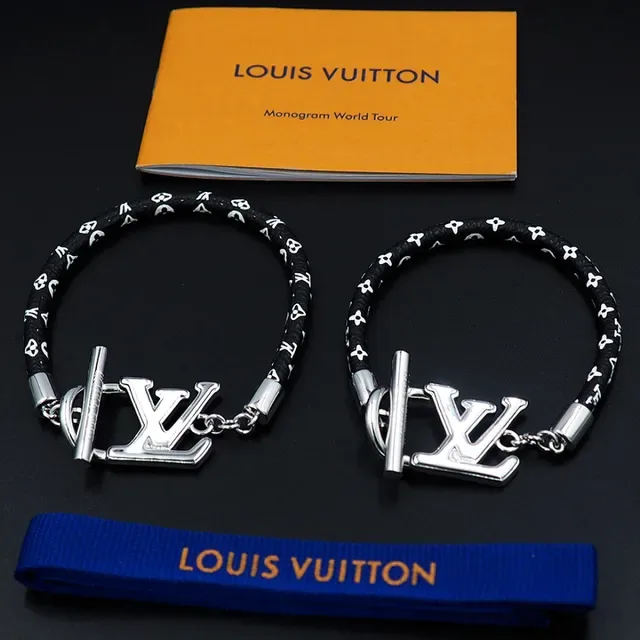 Bracelete Louis Vuitton LV Initiales Preto Prata Trançado Monogramado Cordão Fecho Logo 10