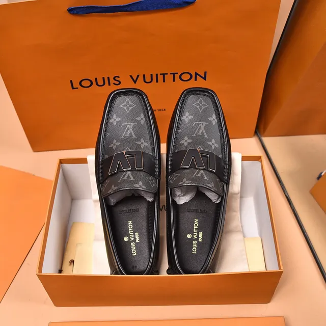 Louis Vuitton LV mocassim preto cinza monograma lona fivela metálica alça mocassim 8