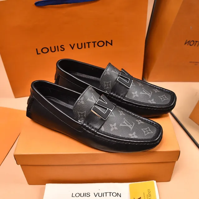 Louis Vuitton LV mocassim preto cinza monograma lona fivela metálica alça mocassim 9