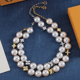 Colar de pérolas multi-camada Louis Vuitton LV Pearls Beige e Ouro